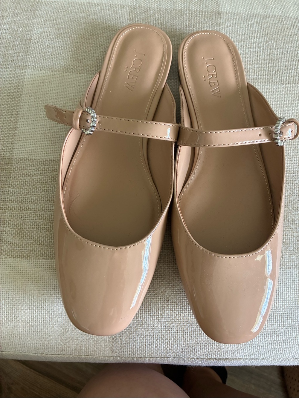 J. Crew Patent Nude Beige Mary Jane Mules with Crystal Buckles